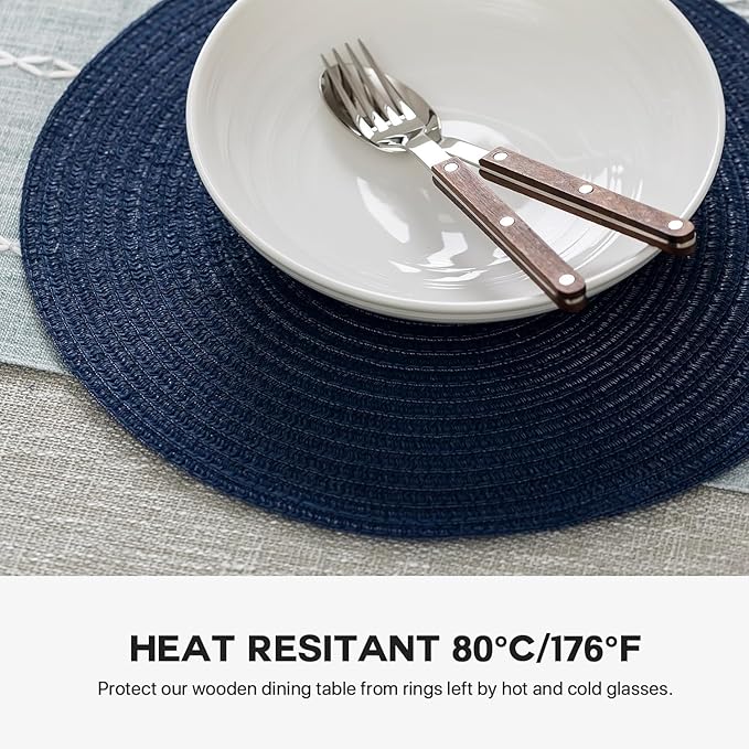 Round Placemats Set of 12 Woven Placemats Washable Braided Table Mats for Dining Table Heat Resistant Non-Slip Circle Place Mats(Navy Blue)