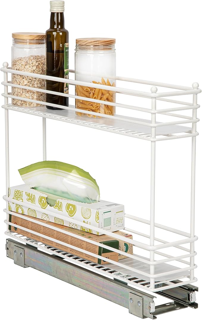 Household Essentials Glidez Paint-Finished Steel Pull-Out/Slide-Out Basket Storage Organizer with Plastic Liners for Under Cabinet Use - 2-Tier Design - Fits Standard Size Cabinet or Shelf, White