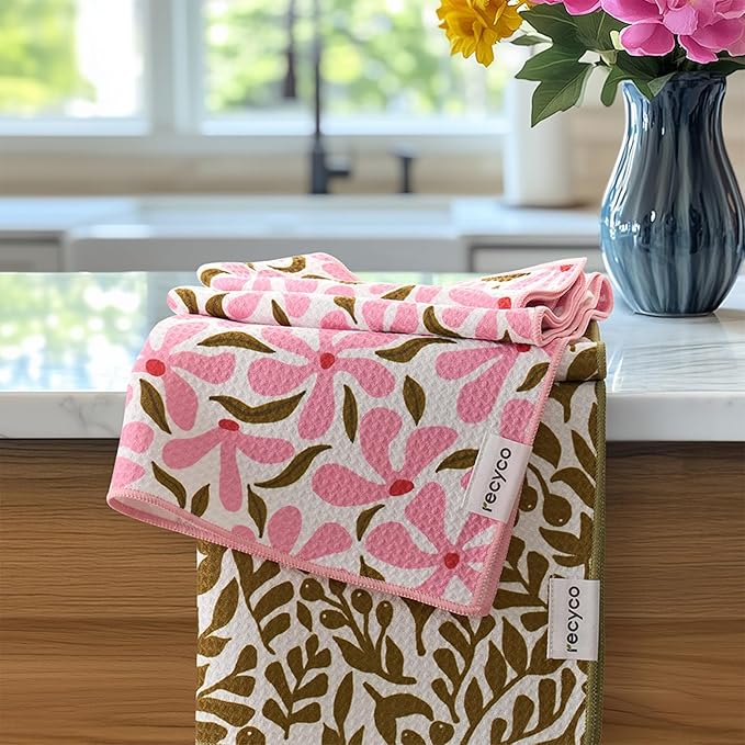 RECYCO Waffle Kitchen Towel Set of 2 - Quick Dry Microfiber Sustainable Dish Towels - Ultra Absorbent Reusable Cleaning Tea Towels - Lightweight Hand Towels,16”x 28”, Petal & Leaf