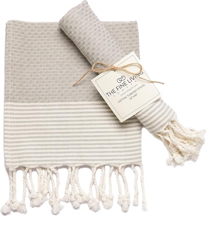 The Fine Living Co. Turkish Hand Towels - Set of 2 | 100% Cotton - Kitchen and Bathroom Decorative Hand Towels for Bath, Guest, Face, Hair, Tea, Dishcloth | 40”x18” (Gray)