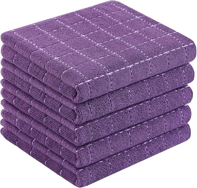 Homaxy 100% Cotton Terry Kitchen Towels(Purple, 13 x 28 inches), Checkered Designed, Soft and Super Absorbent Dish Towels, 5 Pack