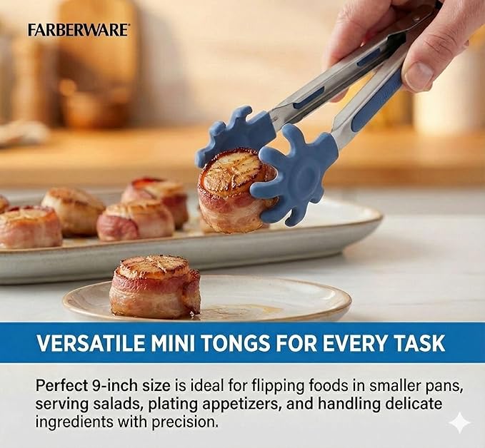 Farberware Silicone Tip Kitchen Tongs Set with Stainless Steel and Flex Grip Handles Mini Tongs for Cooking, Serving, and Entertaining in Blue and Light Green, Dishwasher Safe, 9 Inch, 2 Piece