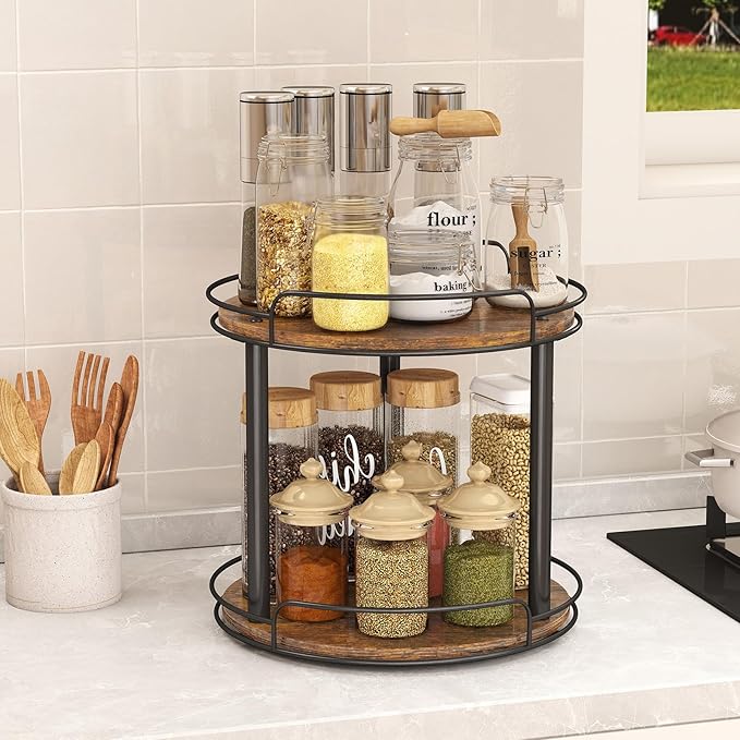 LAMU 9.1'' Wood Lazy Susan Turntable Organizer for Cabinet, 2 Tier Lazy Susan Spice Rack Organizer for Kitchen, Table Top, Countertop, Pantry, Medicine Organizer