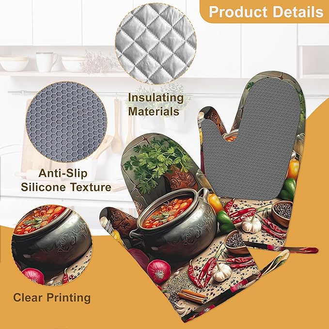 Herbs Spices Seasonings Oven Mitts and Pot Holders Set of 4, Heat Resistant Non Slip Kitchen Gloves Hot Pads,Chef Cooking Baking Gifts for Women Bakers,Kitchen Gifts for Cooking Lover Cooks