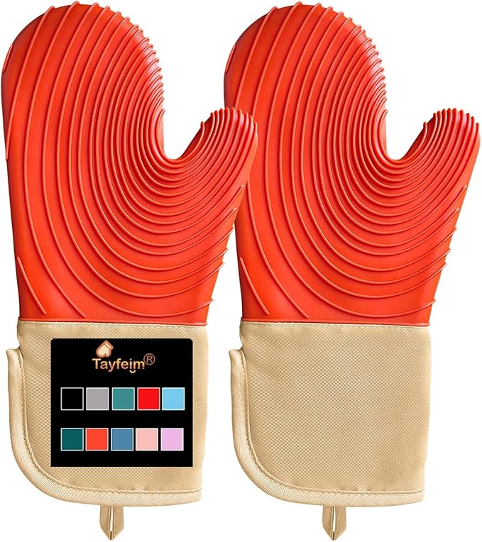 Silicone Oven Mitts-13.6 in Extended Oven Mitts Heat Resistant 500F, Oven Gloves with Soft Liner Good Grippy BPA-Free Easy to Clean Flexible-Oven Mits Set for Cooking Baking Grilling BBQ
