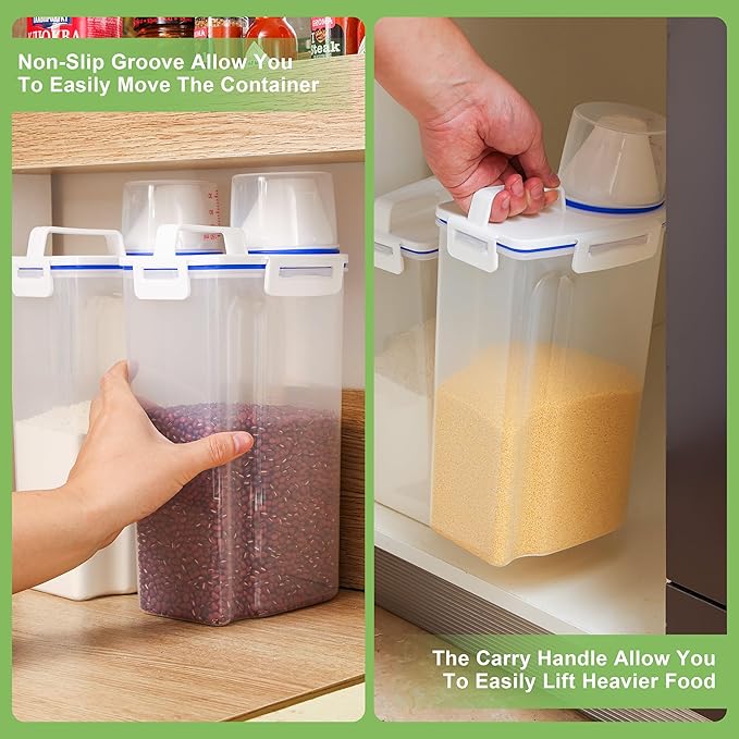 4 Pcs Set Rice Storage Container 5.5lb, Rice Dispenser with Measuring Cup & Pour Spout for Flour Pasta Grain Pet Dog Cat Bird Food Storage Container