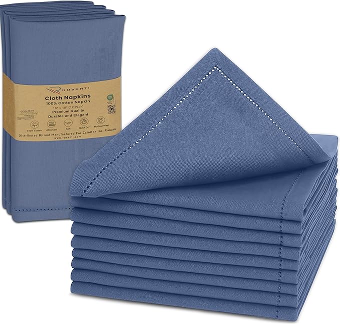 Ruvanti Cloth Napkins Set of 12, 100% Cotton High GSM 18x18 Inches, Hem Stitched Corners, Soft, Washable, Highly Durable & Absorbent, Perfect for Parties, Christmas, Thanksgiving Dinners – Bijou Blue