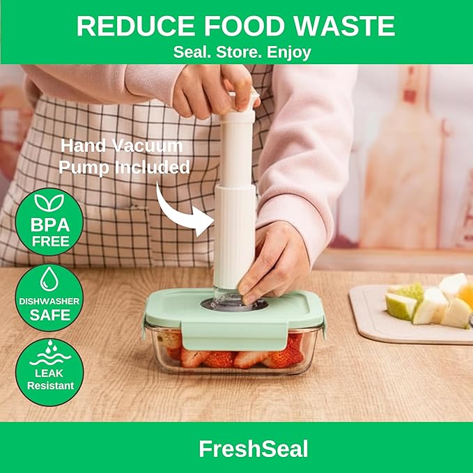 Glass Vacuum Sealable Container Set, 3 Containers, 10 Bag, Hand Pump
