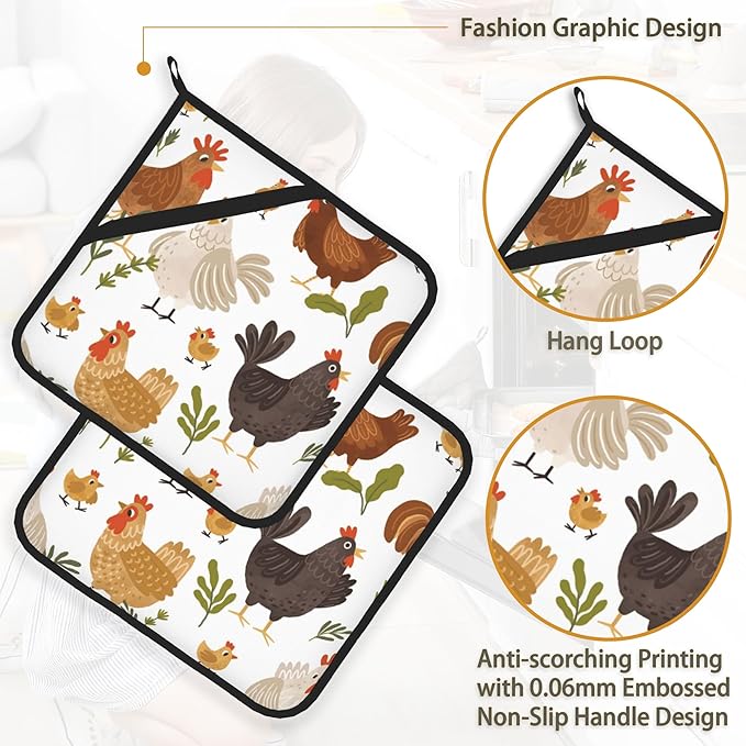 Cute Roosters Pot Holder Set of 2,Heat Resistant Potholders Oven Hot Pads for Kitchen Cooking Baking BBQ