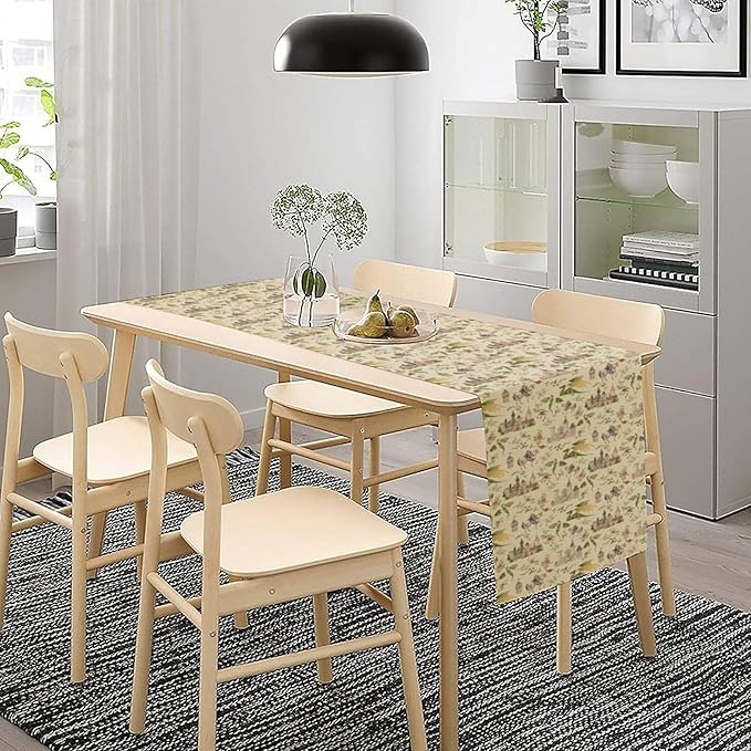 Dragon Table Runner, Mid Century Magical Castle Knights Beige Art Printed Runner for Home Kitchen Dining Table Living Room Decor Fabric 1 Panel W13xL90in