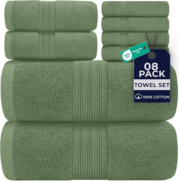 DAN RIVER 8 PC Luxury Bath Towels for Bathroom, 2 Bath, 2 Hand, and 4 Wash Cloths, 600 GSM 100% Ring Spun Cotton Towel Set, Highly Absorbent, Gym, Hotel, and Spa, Sage Green