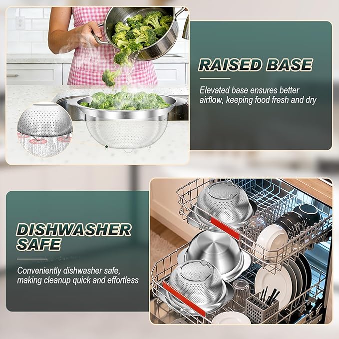 Stainless Steel Colanders with Mixing Bowl - 2.0QT & 2.0QT Strainer and Colander with Handle, 3.0QT Nesting Kitchen Bowl with Colander For Pasta, Vegetables, Fruit, Rice, 3PCS