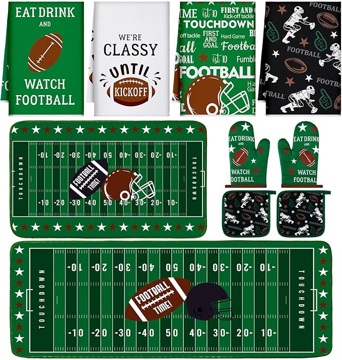 Fourluoo 10 Pcs Football Kitchen Decor Oven Mitts and Pot Holders Sets Football Dish Towels Pot Holders Sports Kitchen Rugs and Mats for Women Reusable Cooking Grilling Accessories Mom Gift