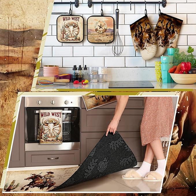 Fourluoo 10 Pcs Western Cowboy Kitchen Decor Oven Mitts and Pot Holders Set Western Cowboy Kitchen Accessories Vintage Dish Towels Farmhouse Rugs and Mats for Home Cooking Baking Housewarming Gifts