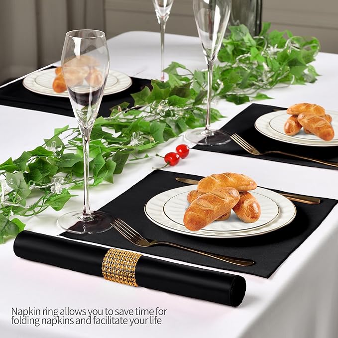 100 Pack Black Satin Napkins and Napkin Rings Set, 12 x 12 Inch Silky Soft Cloth Napkins Set of 50, Square Satin Dinner Table Napkins Bulk for Wedding Banquet Graduation Party Decoration