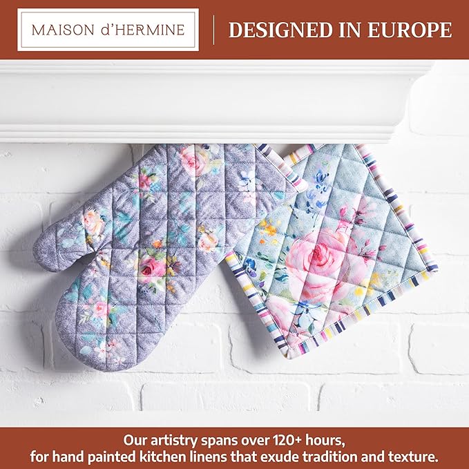 Maison d' Hermine 100% Cotton Oven Mitt & Pot Holder Set (7.5"x13" & 8"x8") Heat Resistant BBQ Cooking Gloves with Loop Kitchen Gifts for Mothers Day Spring/Summer (Sweet Rose Lavender - Lush)