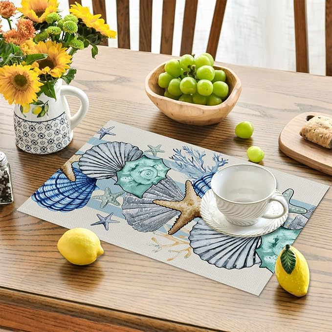 Sea Shell Starfish Beach Placemats Set of 4, 12x18 Inch Seasonal Spring Ocean Coastal Washable Linen Nautical Table Mats for Party Kitchen Dining Decoration