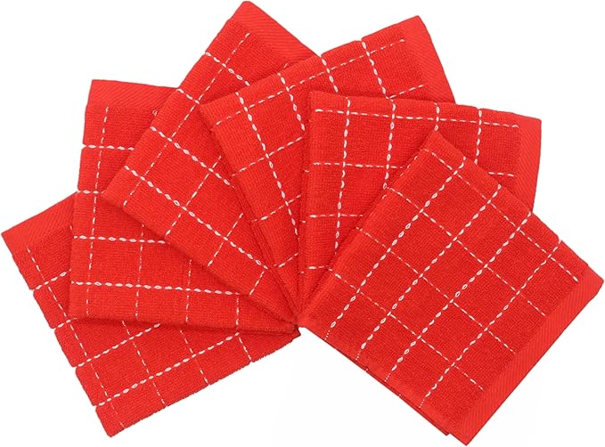 Cotton Terry Dish Cloths, Absorbent Dish Towels for Kitchen Drying, Soft Wash Cloths Multipurpose Dish Rags for Washing Dishes, 12 x 12 Inches, Set of 6 (Red)