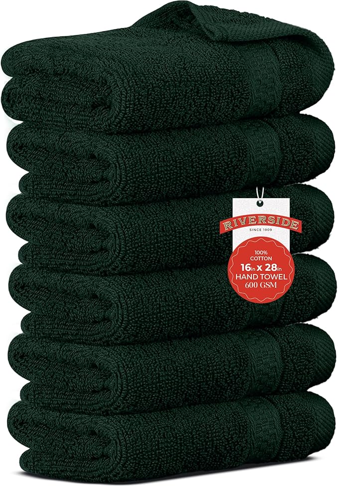 RIVERSIDE 6 Pack Premium Hand Towels Set, 16x28 inches, 100% Ring Spun Cotton, 600 GSM, Soft, Quick Dry and Highly Absorbent, Towels for Bathroom, Kitchen, Gym, Spa - Forest Green