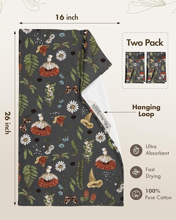 Miss Adola Cotton Kitchen Towels Set of 2 - Cute Design 16×26 Inch Dish Towels for Kitchen with Hanging Loop Mushroom Quick Dry Hand Towels Soft & Absorbent, Home Decorative, Terry Cloth Tea Towels