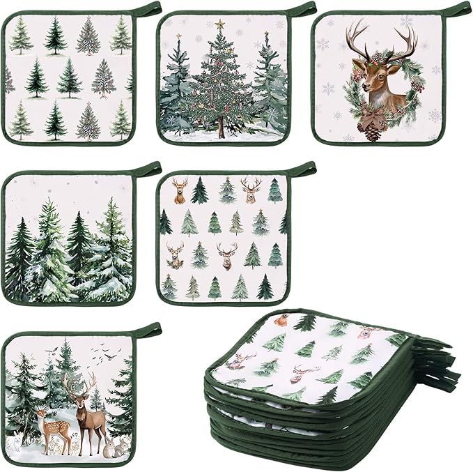 Bencailor 12 Pcs Pot Holders with Pocket Kitchen Hot Potholders Hot Pad Oven Mitts Cookie Bag Oven Gloves for Kitchen Gift Baking Cooking (Green,Reindeer)