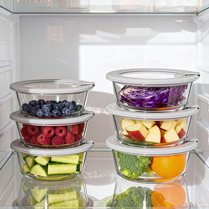 Glass Food Containers with Glass Lid, Microwave Safe Food Storage Container Set, 6 Pack, Large Size Airtight Storage Set with Leak Proof Lids, Meal Prep Containers