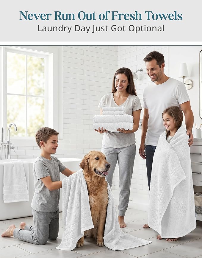 24 Piece Towels for Bathroom – 100% Cotton Bath Towel Set, 2 Bath Sheet, 2 Bath, 2 Gym Towel, 4 Fingertip, 6 Hand, 8 Washcloth, Ideal for Hotel & Everyday Use, Remains Soft After Every Wash – White