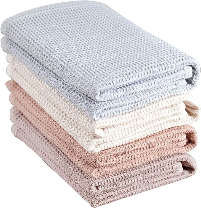 PY HOME & SPORTS Dish Towel Set, 100% Cotton Waffle Weave Kitchen Towels 4 Pieces, Super Absorbent (17 x 25 Inches, Set of 4)