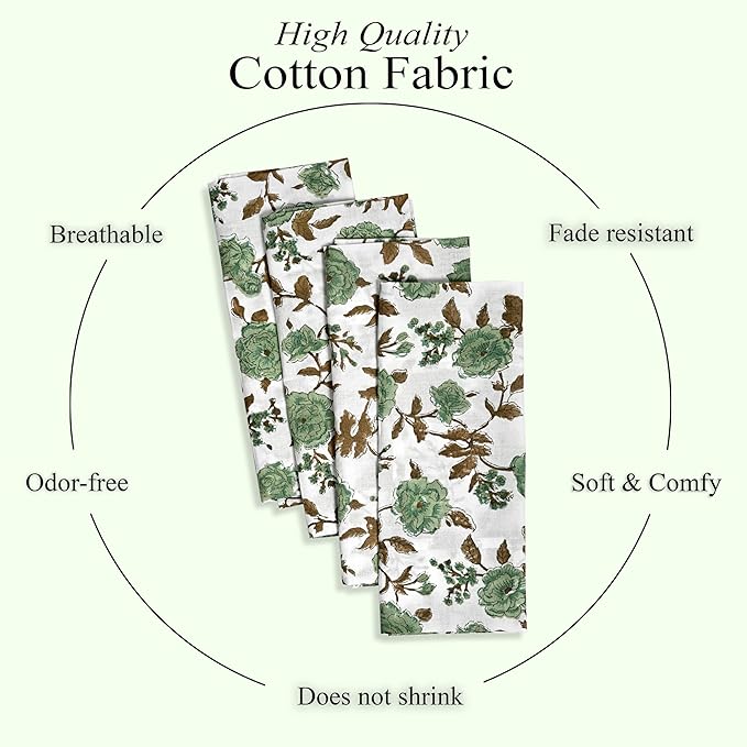 CPC Cloth Napkins Set of 4 Cotton Printed Dinner Hand Print Napkins I Wedding Cocktail Cloth Floral Napkins I 18x18 in I Moss Green