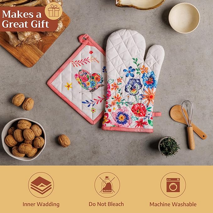 Maison d' Hermine 100% Cotton Oven Mitt & Pot Holder Set (7.5"x13" & 8"x8") Heat Resistant BBQ Cooking Gloves with Loop Baking Gifts for Mothers Day Spring/Summer (Happy Florals - High Summer)