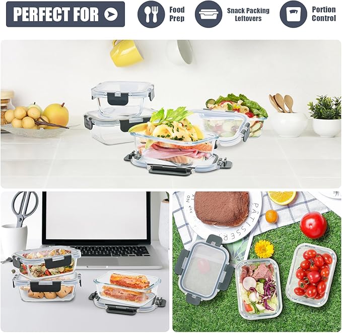 6pack 12oz Small Glass Meal Prep Containers, Glass Food Storage Containers with Snap Leak Proof Lids, Microwave, Freezer and Dishwasher Safe (Grey, 12oz)