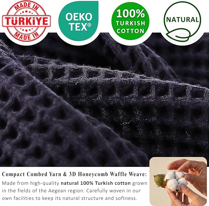 PÜSKÜL Natural 100% Turkish Cotton Black Waffle Bath Towels Set of 2-Piece | 32x63 Extra Large Absorbent Quick-Dry Lightweight Spa Towel | Decorative Bathroom Towel (Black Bath Towels - Pack of 2)