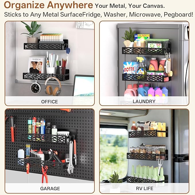 DTUQYX 4 Pack Magnetic Spice Rack for Refrigerator, Heavy Duty Metal Magnetic Fridge Spice Rack Organizer with 4 Hooks, No Drilling Rustproof Spice Storage for Kitchen Organization,11LB Load Capacity