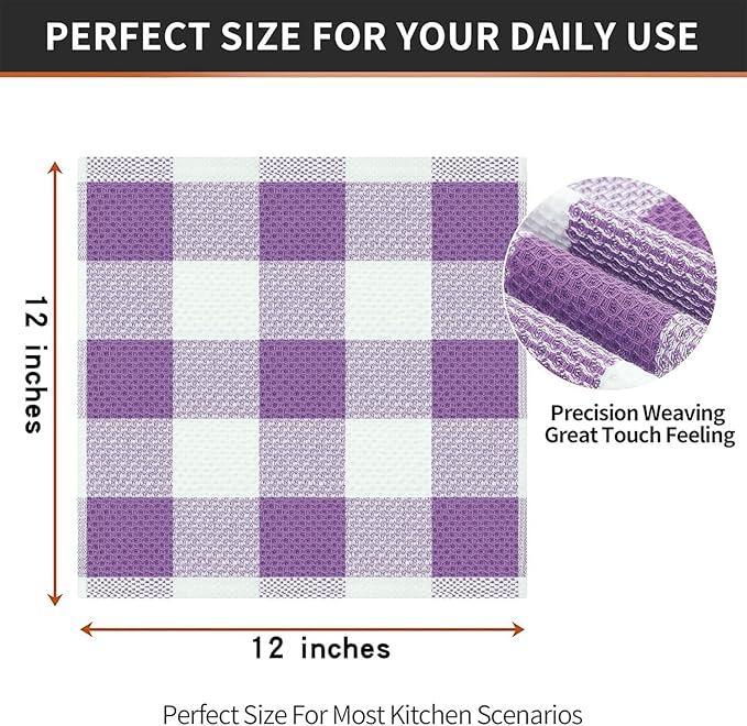 Homaxy 100% Cotton Waffle Weave Check Plaid Dish Cloths, 12 x 12 Inches, Super Soft and Absorbent Dish Towels Quick Drying Dish Rags, 6-Pack, White & Purple