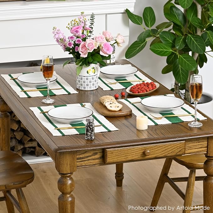 Artoid Mode Dark Green Farmhouse Woven Rustic Placemats Set of 6,12x18 Inch Seasonal Holiday Hollow Table Mats Party Kitchen Dining Decoration