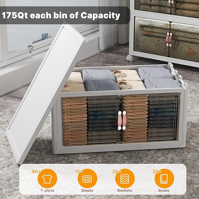 UAMFURI Stackable Storage Bins with Lids, 1050QT Closet Organizers and Storage with Doors and Wheels, Extra Large Storage Cabinet, Collapsible Plastic Drawers for Bedroom Kitchen Office Garage