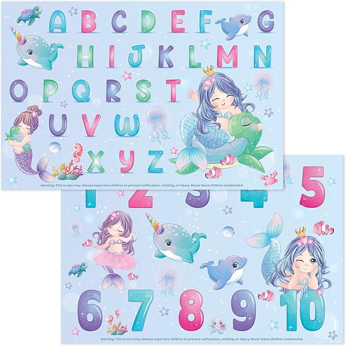 Bright Seed Disposable Placemats for Baby, Toddlers and Kids, 40 Disposable Baby Placemats for Restaurant, Dining Table & Travel, Learning Placemats for Kids, Toddler Travel, Mermaids ABC & Numbers