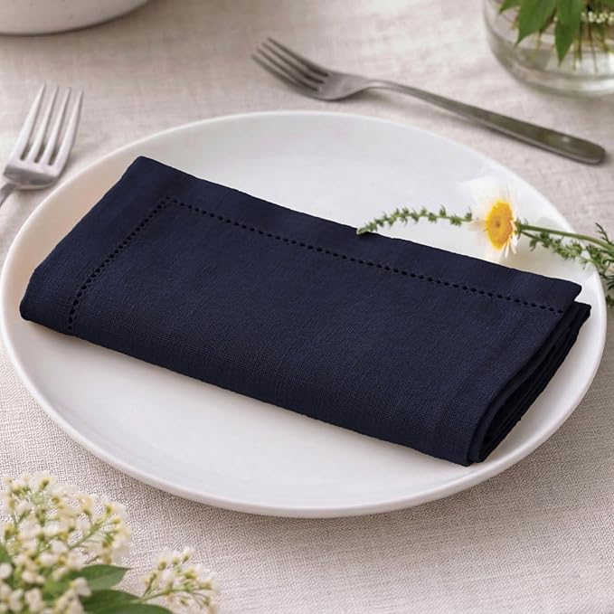 Palisa Navy Cotton Napkins Set of 4 | Premium Hemstitch Detailing Cloth Dinner Napkins 18x18 Inch | Soft Washable & Reusable Table Napkins for Everyday Use Weddings Parties Restaurants & Hotels