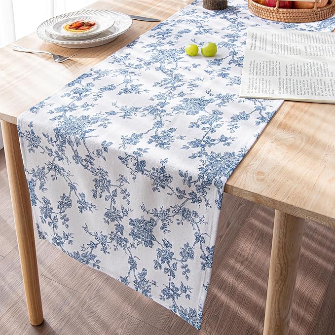 Blue Dining Table Runner - 14 x 36 Inch - French Country Linen Floral Table Runners 36 Inches Long for Holiday Kitchen Dining Wedding Home Party Decor,Vintage Floral