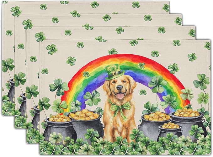 Animal Placemats Set of 4 Lucky Dog St Patrick Linen Table Mats for Kitchen Dining Decor