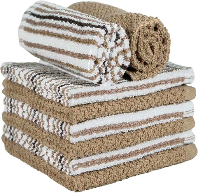 Bumble Premium Dish Cloths Towel 12"x12" | 100% Natural Ring Spun Cotton Tea Towel Set | 430 GSM | Highly Absorbent & Soft Dish Towels | 8 Pack - 4 Popcorn Striped & 4 Solid Kitchen Towels - Tan