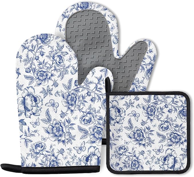 Floral Oven Mitts and Pot Holders Sets of 3, Blue Floral Silicone Oven Mitts Birthday for Flower Lover Kitchen Decor, Botanical Print Heat Resistant Non-Slip Oven Gloves for Mom Wife Sister BFF