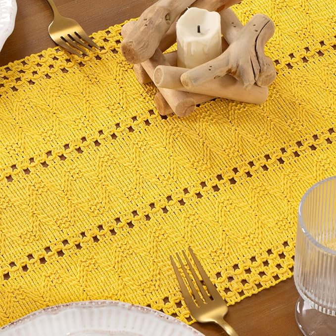 DeZerlor Boho Macrame Table Runner Spring Easter Farmhouse Woven Table Runner with Tassels 72 Inches Gold Yellow Cotton Linen Kitchen Table Decor for Dining Dresser Home Tea Table Decor