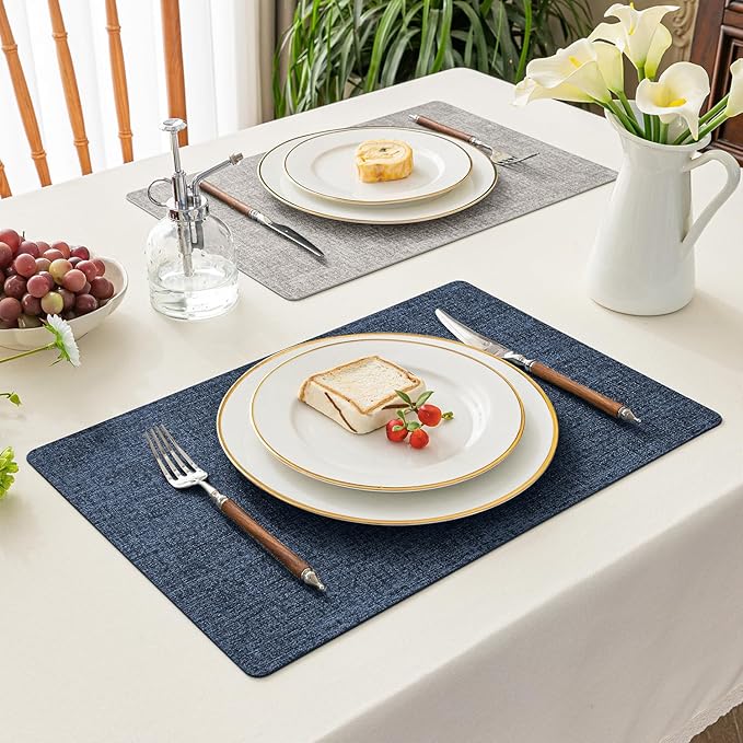 Romanstile Vinyl Placemats Set of 4-12x17 Inch, Reversible Waterproof Washable Non Slip Table Mats, Heat Resistant Wipeable Table Placemats for Dining/Party/Indoor/Outdoor, Light Grey-Navy Blue