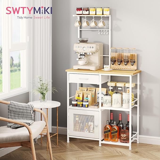 SWTYMIKI Coffee Bar with Hanging Rack - Farmhouse Coffee Stand Station Multi-Purpose Buffet Sideboard Cabinet with Drawers - Kitchen Bar Table for Living Room, Corner, Small Space, Natural