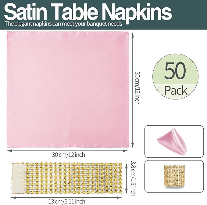 100 Pack Pink Satin Napkins and Napkin Rings Set, 12 x 12 Inch Silky Soft Cloth Napkins Set of 50, Square Satin Dinner Table Napkins Bulk for Wedding Banquet Graduation Party Decoration