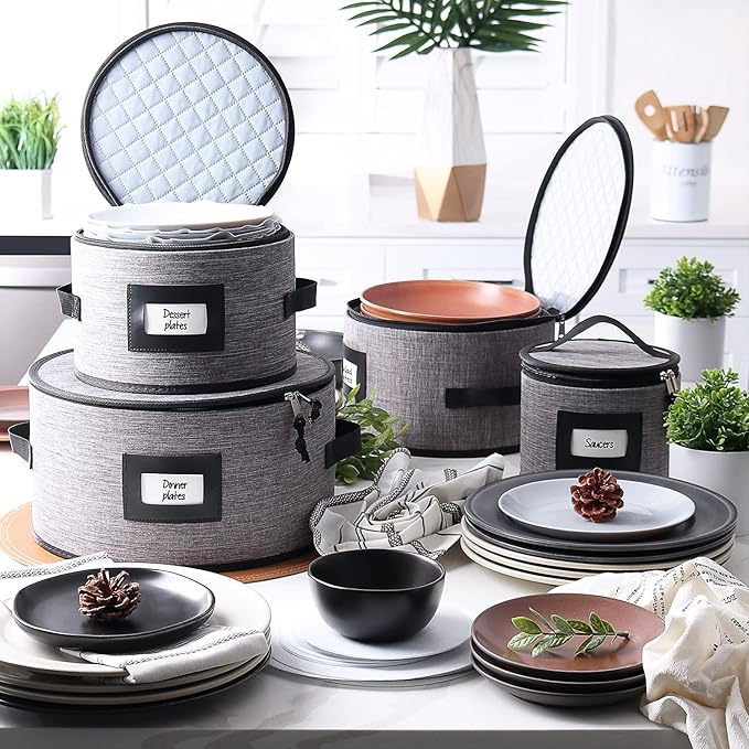 Fine China Storage Containers Hard Shell, 4 Piece Dish Storage Containers, Quilted Plate Containers, Stackable Dish Organizer with Dividers, Dinnerware Storage for Moving and Seasonal Storage, Grey