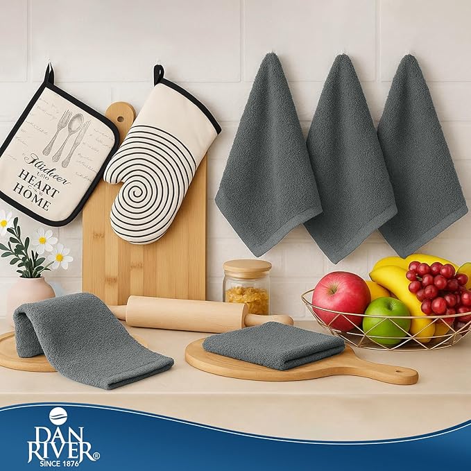 DAN RIVER Kitchen Bar Mops,Pack of 12,16 by 19 Inches,100% Cotton Super Absorbent,Multi-Purpose Cleaning Towels for Home and Kitchen Bars-Grey