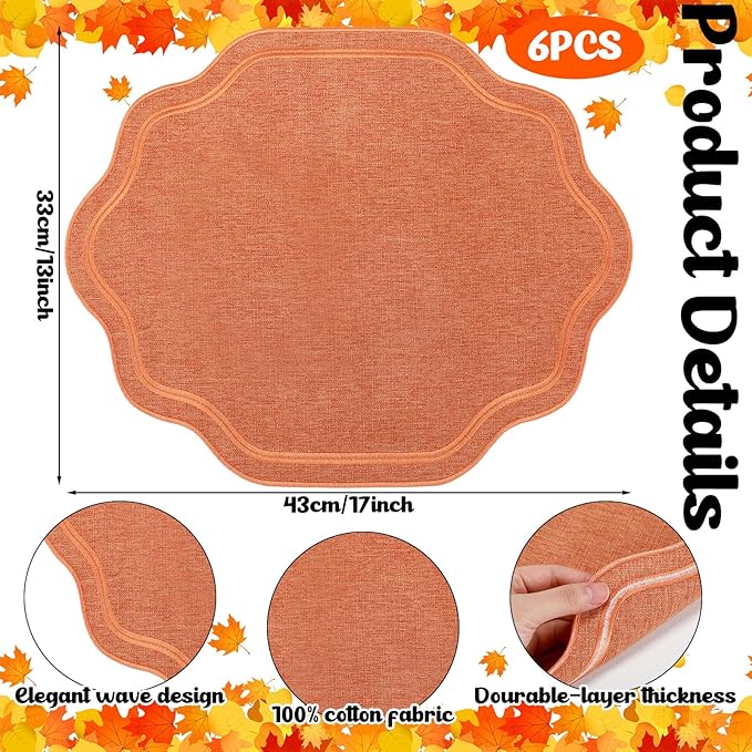 Breling 6 Pcs Wedding Placemats Scalloped Embroidered Cotton Linen Placemats 17" x 13" Double Layered Machine Washable Table Place Mat for Party Table Decor (Orange)