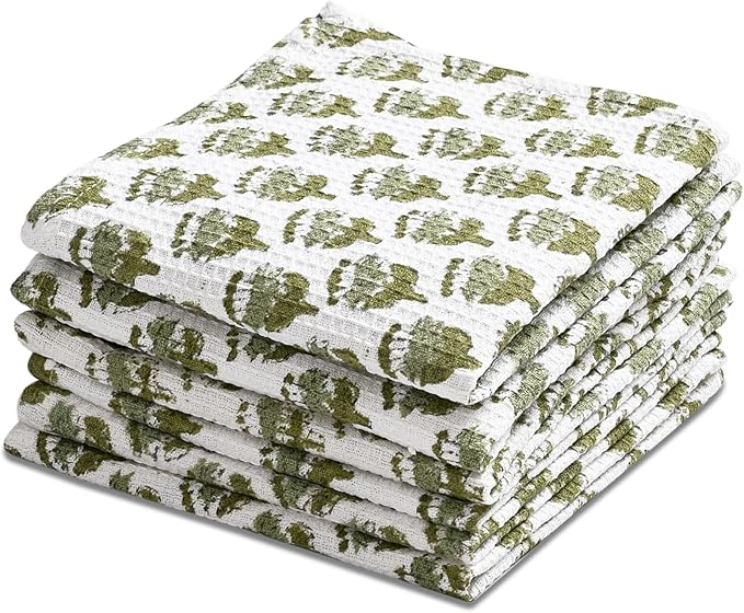 CPC Emerald Green Hand Block Printed Cotton Waffle Dish Cloth Set of 12-12x12 Inch Super Absorbent, Soft, Reusable Kitchen Towels for Dish Drying & Cleaning Ideal for Spring, Mother's Day